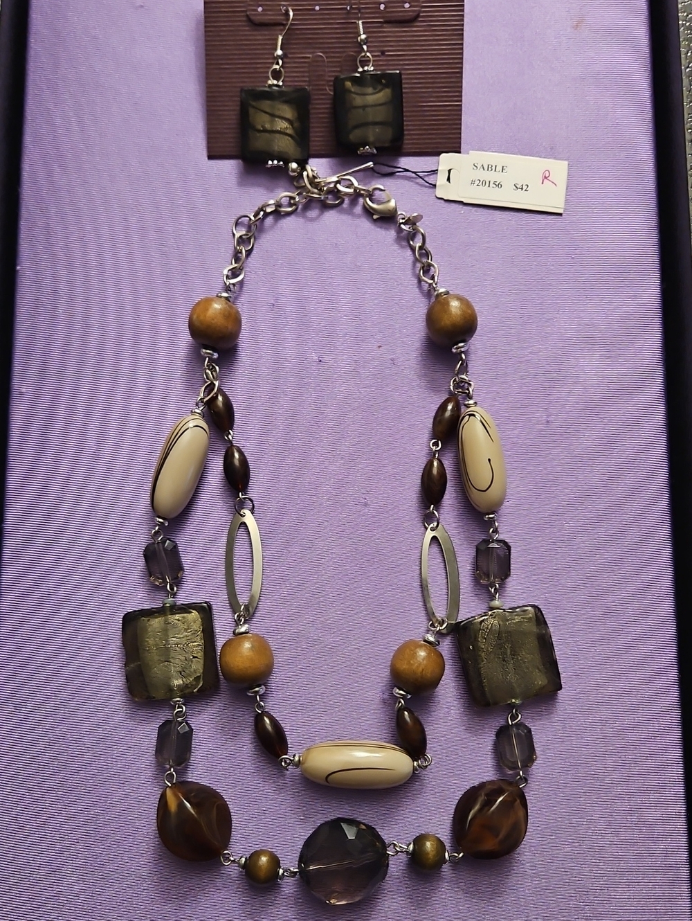 Able Multi-Color Beaded Statement Necklace and Earring Set - Brown & Taupe NWT